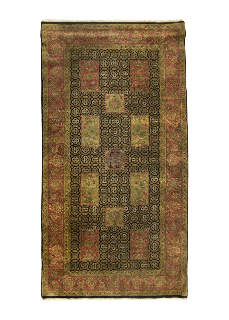 A31846 Oriental Rug Indian Handmade Runner Transitional 5'0'' x 9'8'' -5x10- Black Red Green Tea Washed Floral Design.jpg