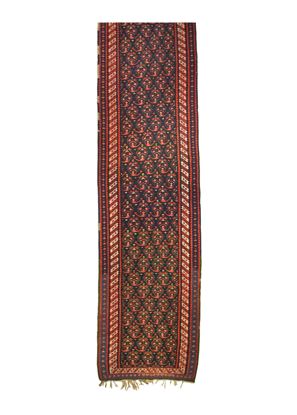 A31882 Persian Rug Sanandaj Handmade Runner Tribal 4'2'' x 21'3'' -4x21- Red Blue Kilim Geometric Paisley Boteh Design
