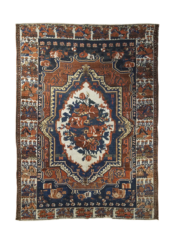 A31894 Persian Rug Bakhtiari Handmade Area Tribal Antique 4'11'' x 6'11'' -5x7- Red Whites Beige Blue Floral Design