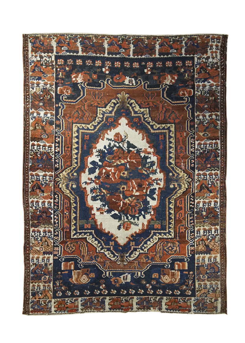 A31894 Persian Rug Bakhtiari Handmade Area Tribal Antique 4'11'' x 6'11'' -5x7- Red Whites Beige Blue Floral Design