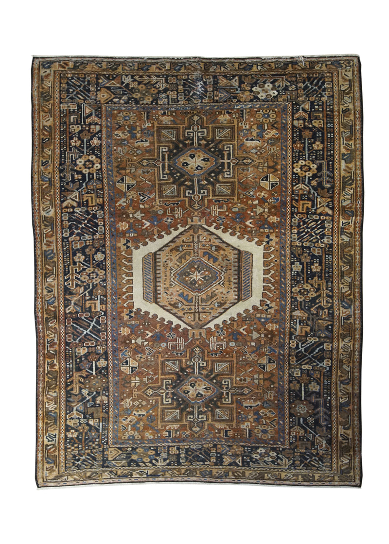 A31900 Persian Rug Gharajeh Handmade Area Tribal Antique 4'7'' x 6'1'' -5x6- Red Blue Whites Beige Geometric Design