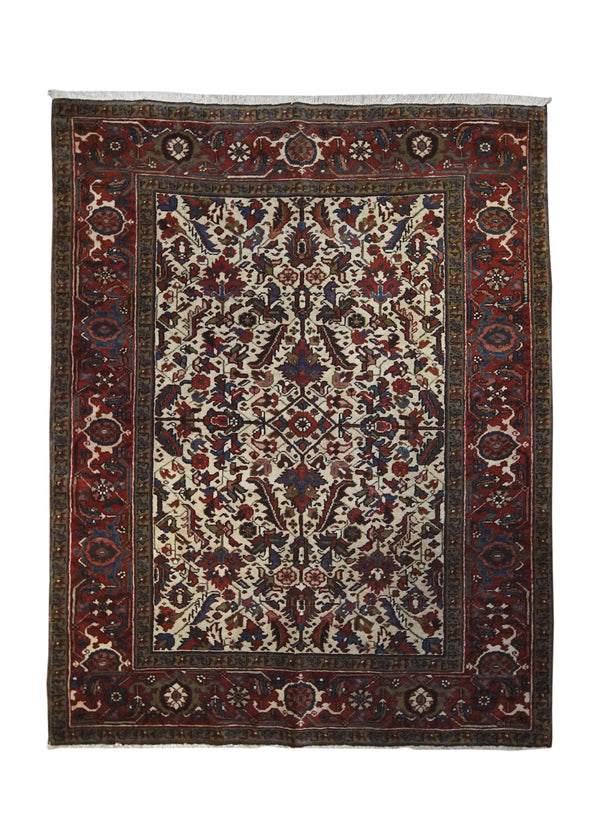A31901 Persian Rug Heriz Handmade Area Tribal Antique 4'11'' x 6'3'' -5x6- Whites Beige Red Blue Geometric Design