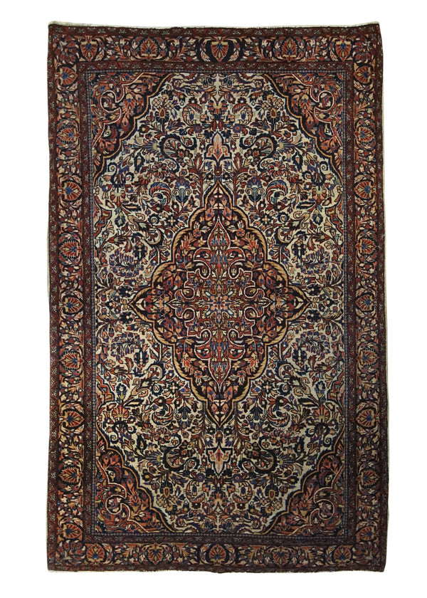 A31904 Persian Rug Sarouk Handmade Area Traditional Antique 4'2'' x 6'8'' -4x7- Whites Beige Blue Red Floral Design
