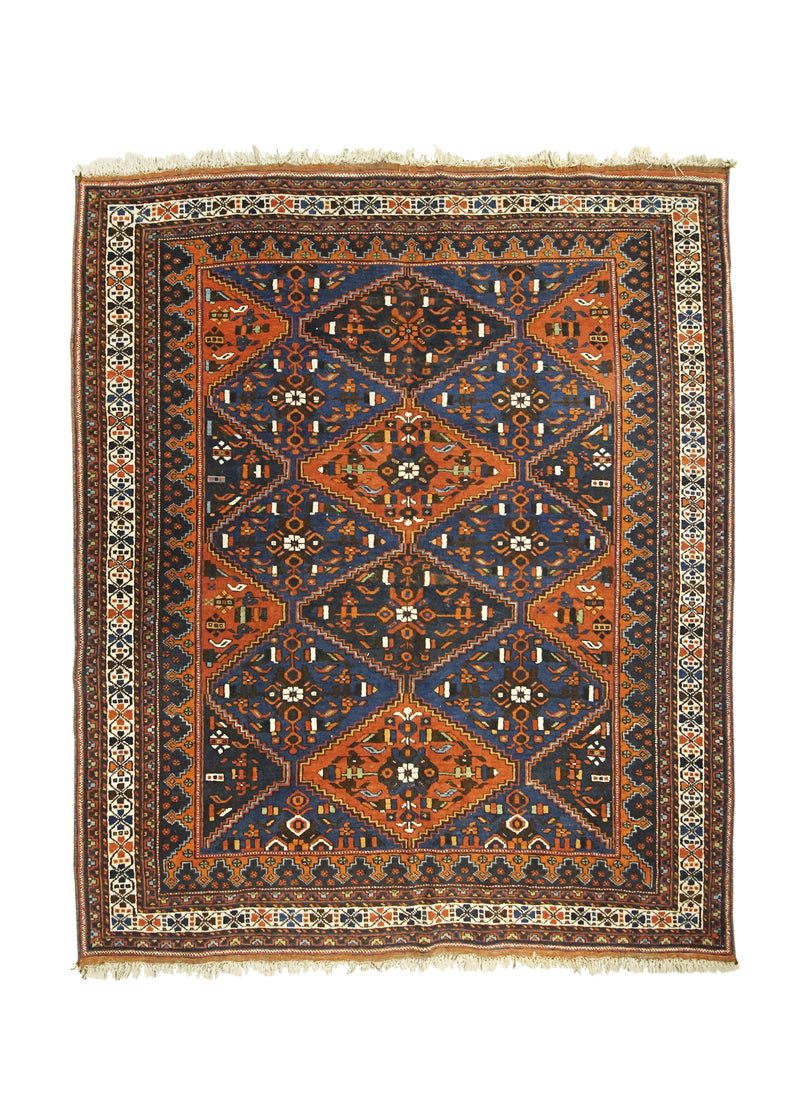 A31912 Persian Rug Ghashghaei Handmade Area Tribal Antique 4'6'' x 5'1'' -5x5- Blue Whites Beige Red Geometric Design