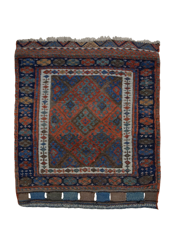A31914 Persian Rug Kurdistan Handmade Square Antique Tribal 2'0'' x 2'1'' -2x2- Brown Red Blue Geometric Design