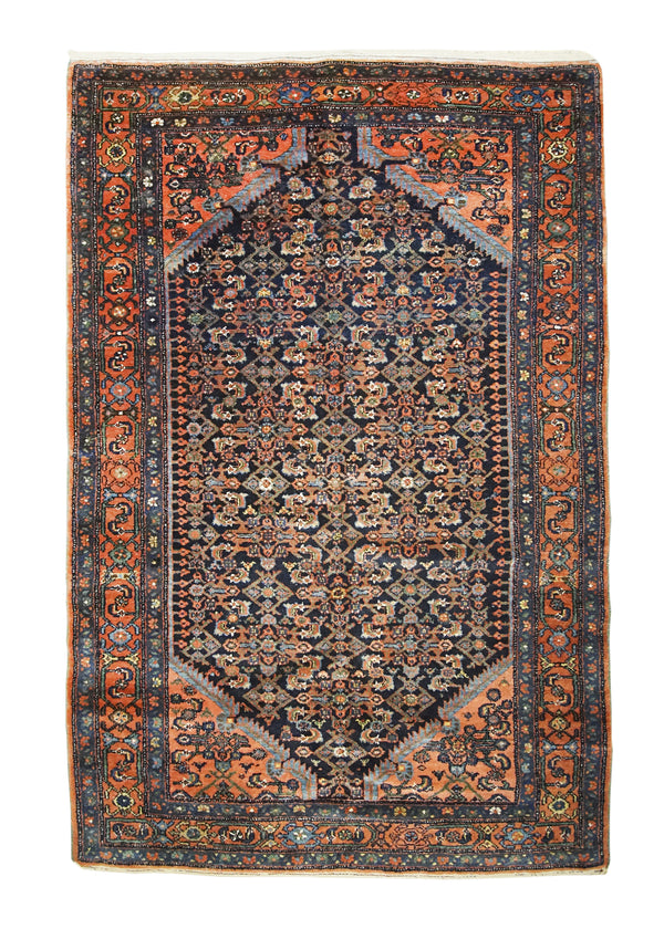 A31918 Persian Rug Hamadan Handmade Area Tribal Antique 4'4'' x 6'7'' -4x7- Blue Red Whites Beige Geometric Design