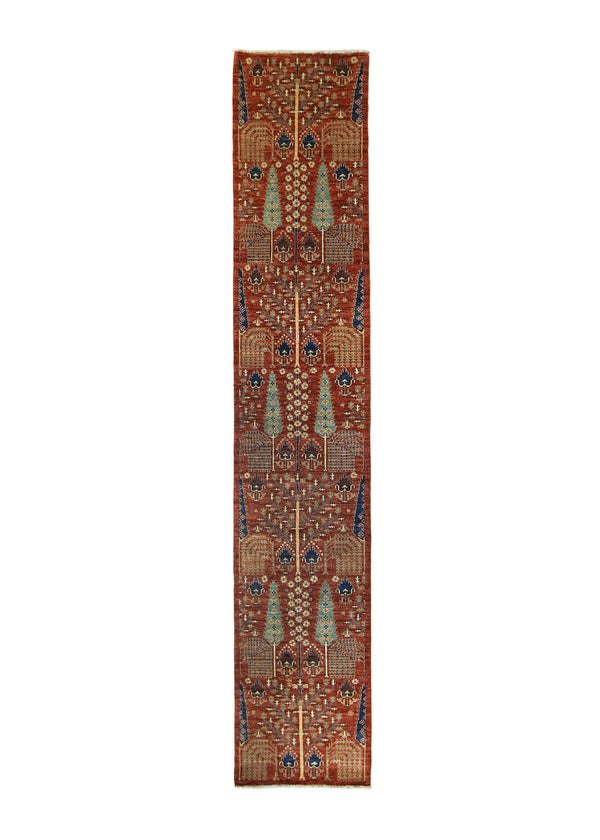 A31930 Oriental Rug Pakistani Handmade Runner Transitional Tribal 2'6'' x 13'8'' -3x14- Red Ariana Geometric Bakhshayesh Design.jpg