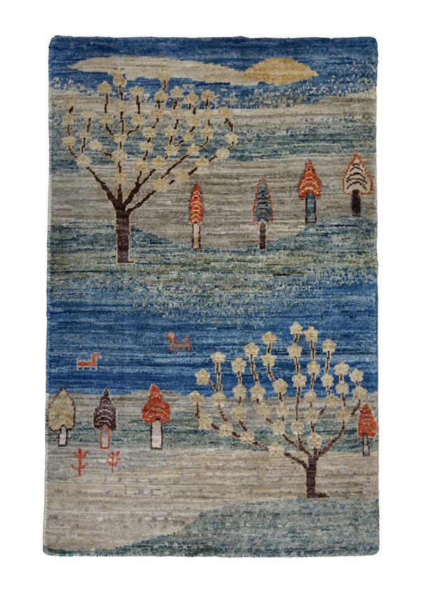A31972 Oriental Rug Pakistani Handmade Area Transitional Tribal 1'11'' x 3'3'' -2x3- Whites Beige Blue Tree of Life Gabbeh Design