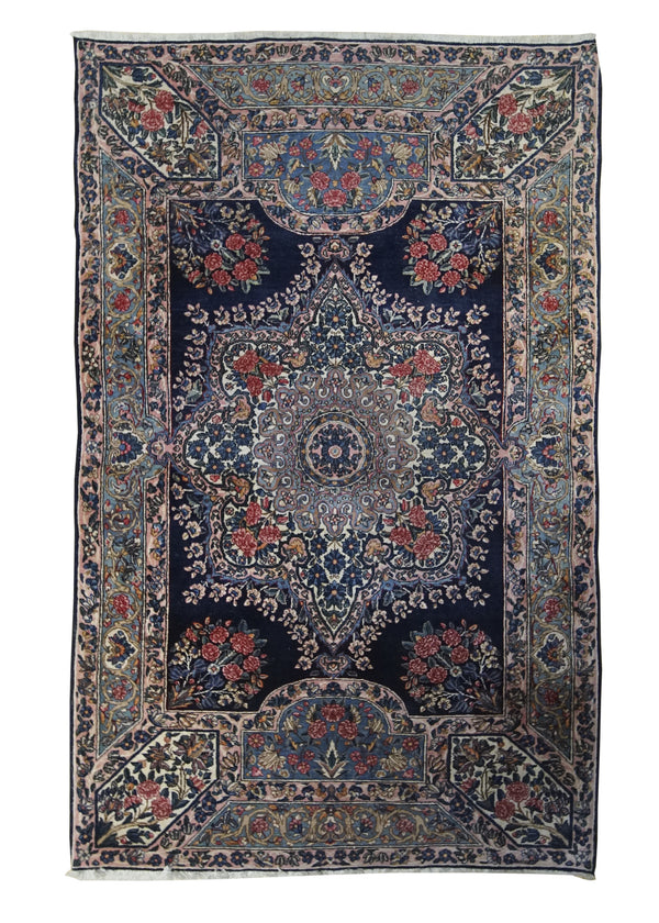 A31973 Persian Rug Lavar Kerman Handmade Area Traditional Antique 4'0'' x 6'3'' -4x6- Blue Pink Floral Design