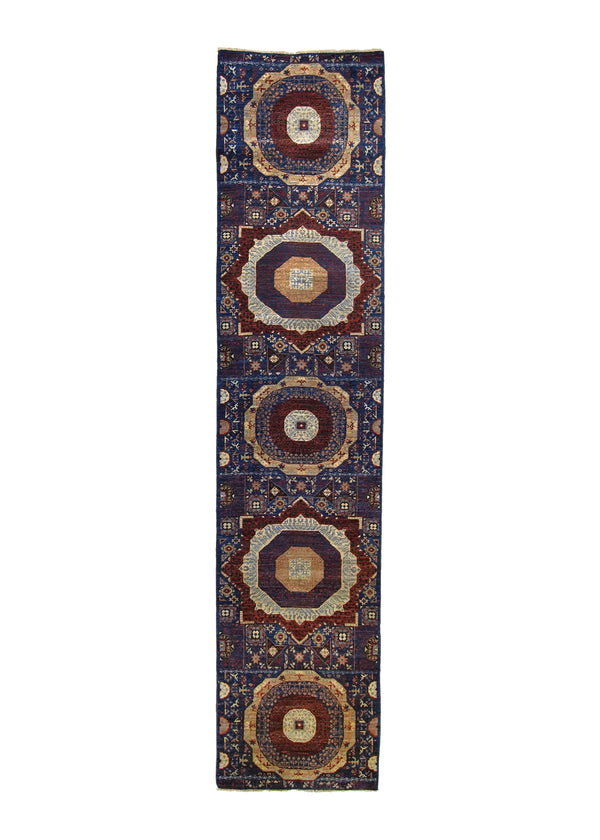A32004 Oriental Rug Pakistani Handmade Runner Transitional Tribal 2'6'' x 11'4'' -3x11- Blue Red Geometric Mamluk Design