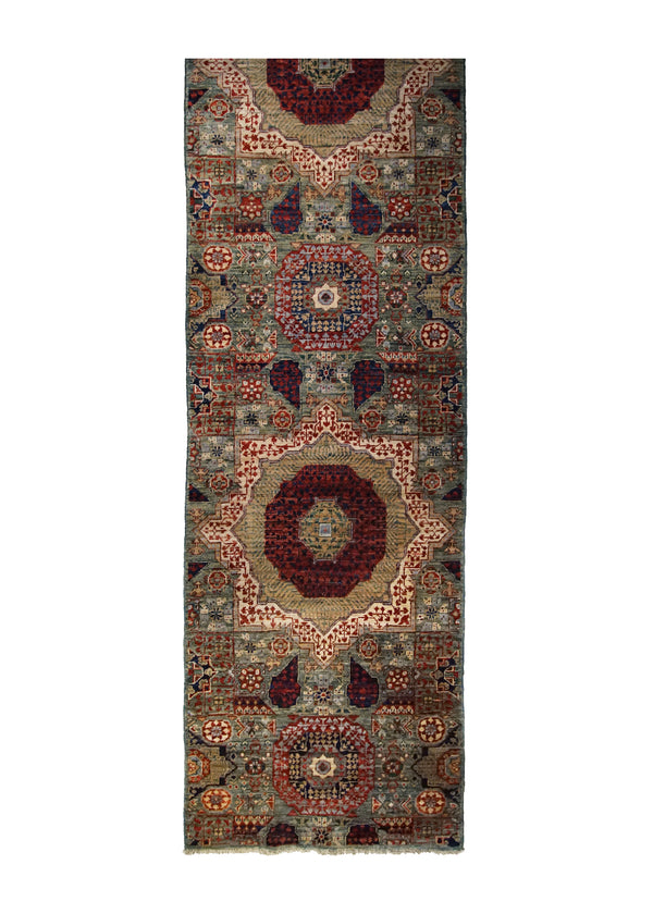 A32006 Oriental Rug Pakistani Handmade Runner Transitional 2'7'' x 9'8'' -3x10- Green Red Mamluk Geometric Design