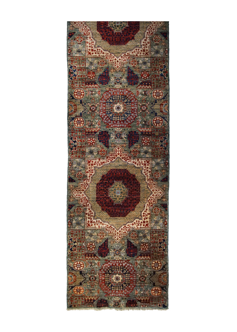A32006 Oriental Rug Pakistani Handmade Runner Transitional 2'7'' x 9'8'' -3x10- Green Red Mamluk Geometric Design