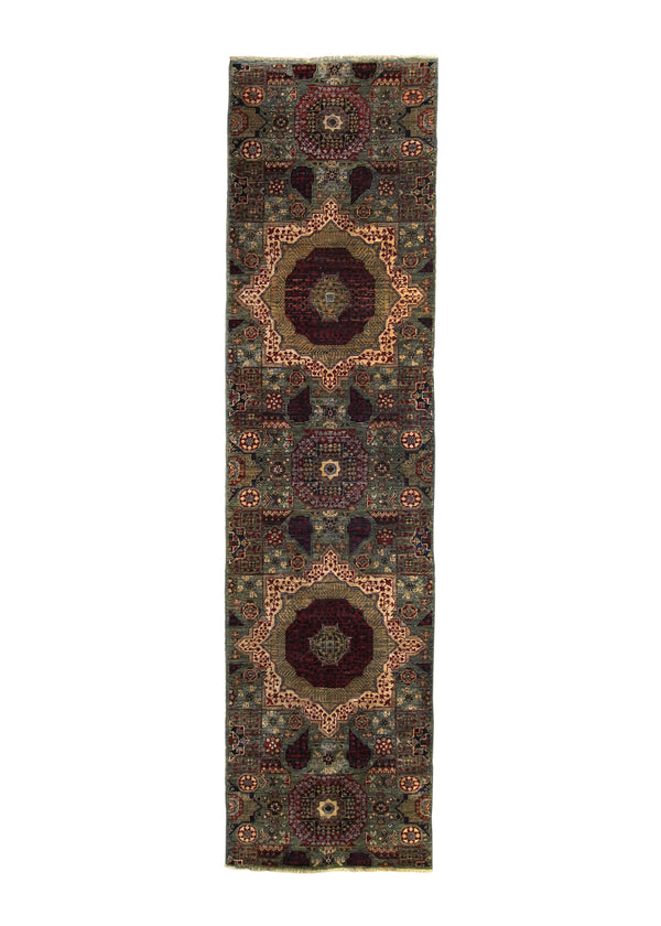 A32006 Oriental Rug Pakistani Handmade Runner Transitional 2'7'' x 9'8'' -3x10- Green Red Mamluk Geometric Design.jpg