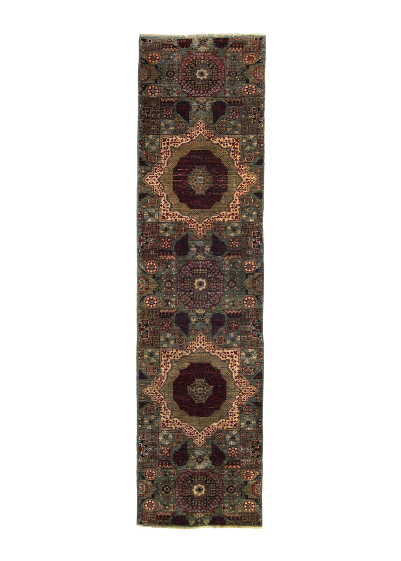 A32006 Oriental Rug Pakistani Handmade Runner Transitional 2'7'' x 9'8'' -3x10- Green Red Mamluk Geometric Design.jpg