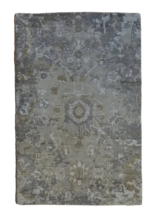 A32008 Oriental Rug Indian Handmade Area Transitional Neutral 2'0'' x 3'0'' -2x3- Gray Yellow Gold Floral Oushak Design