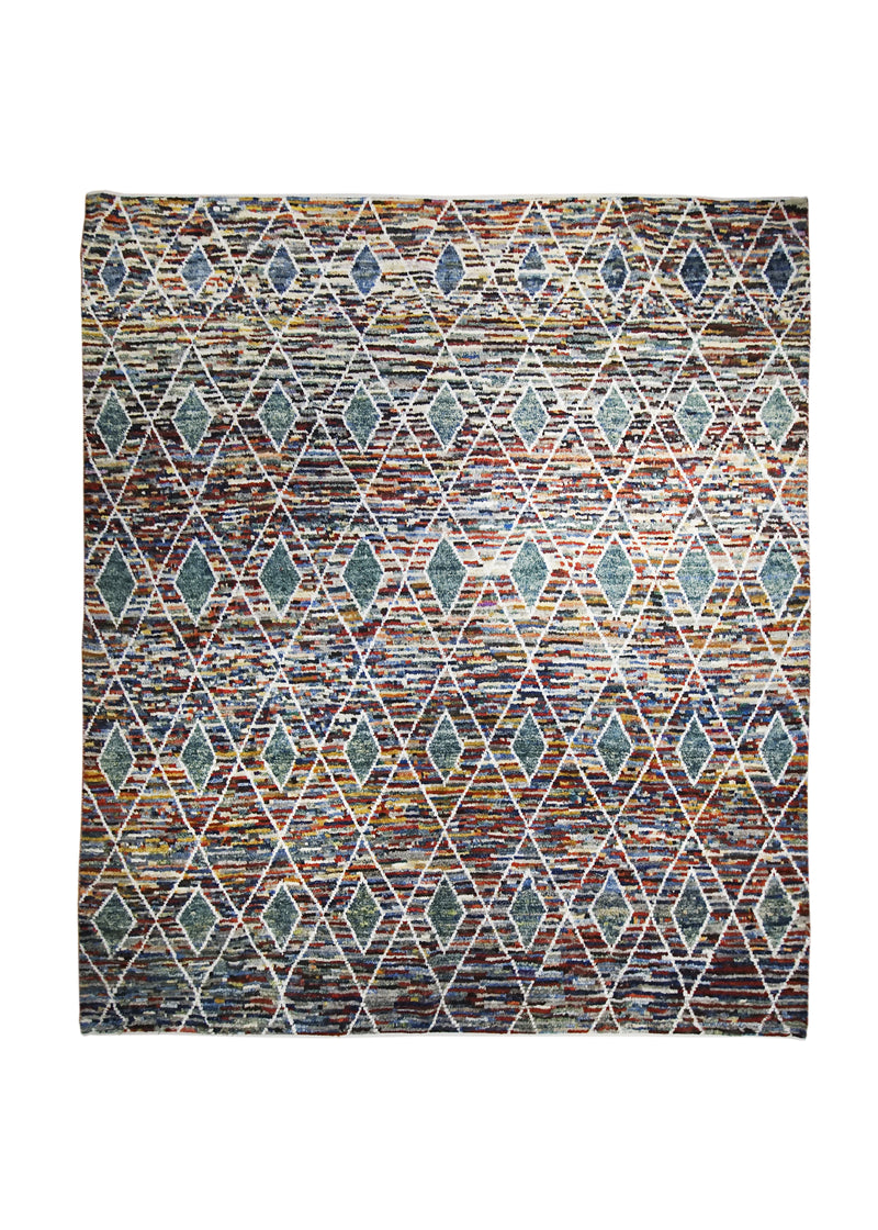 A32028 Oriental Rug Pakistani Handmade Area Transitional 8'2'' x 9'5'' -8x9- Multi-color Moroccan Geometric Design