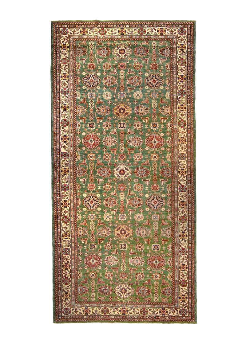 A32073 Oriental Rug Pakistani Handmade Runner Transitional Tribal 6'1'' x 13'3'' -6x13- Green Kazak Geometric Design.jpg