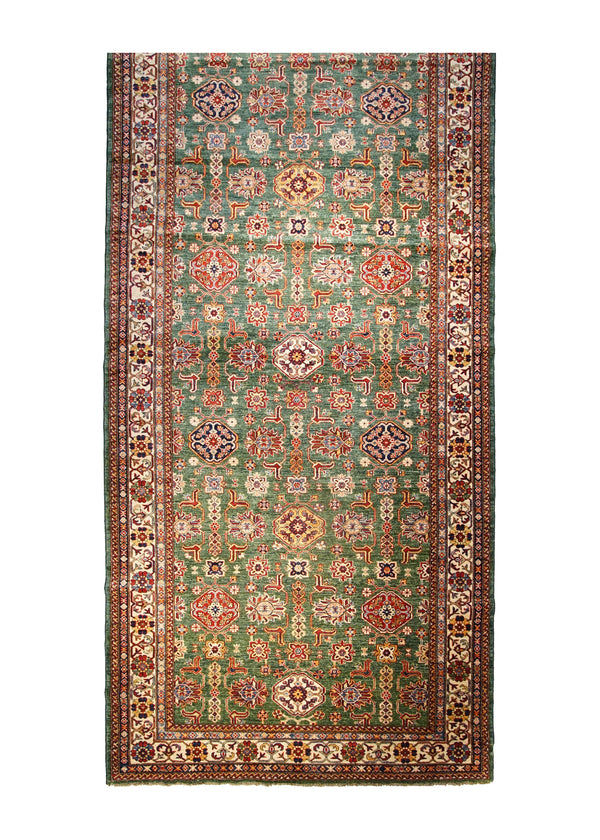 A32073 Oriental Rug Pakistani Handmade Runner Transitional Tribal 6'1'' x 13'3'' -6x13- Green Kazak Geometric Design