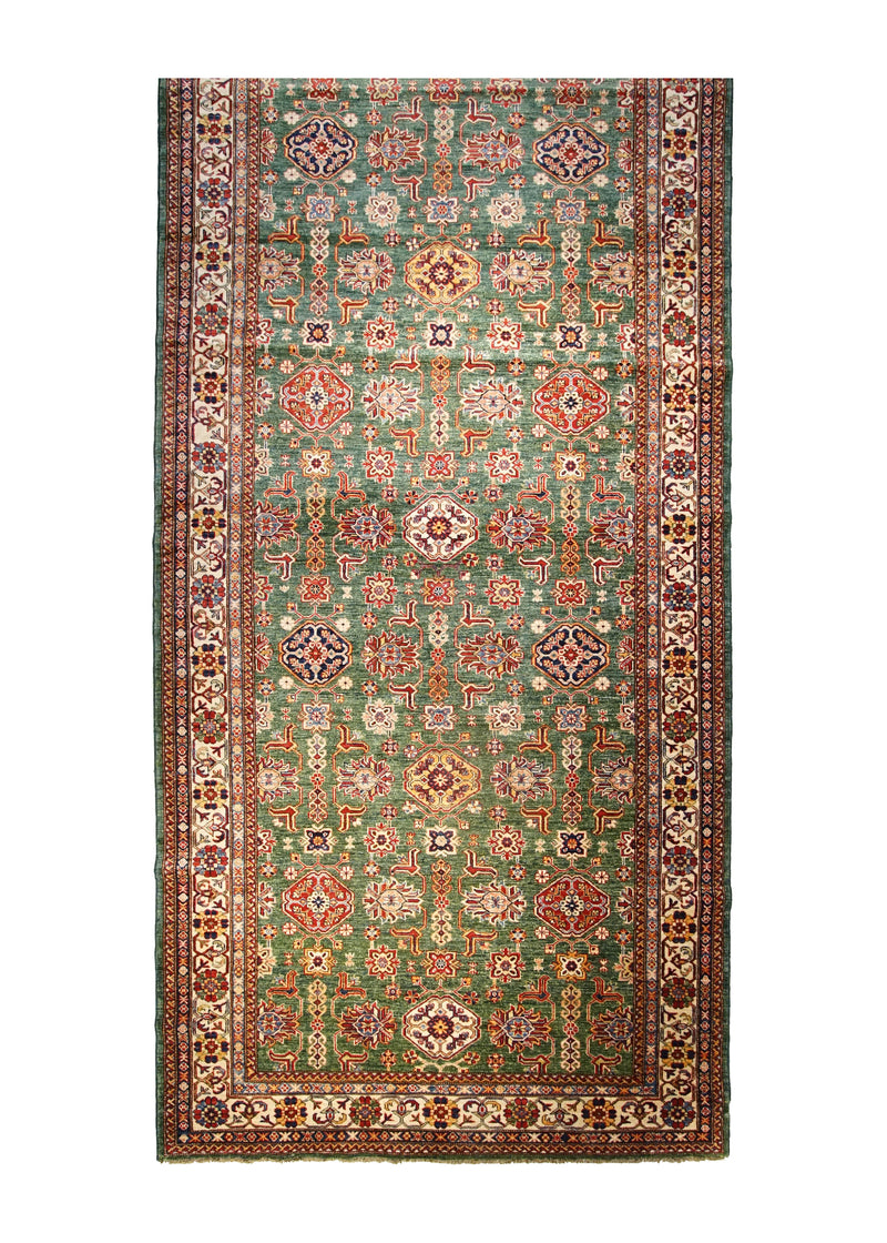 A32073 Oriental Rug Pakistani Handmade Runner Transitional Tribal 6'1'' x 13'3'' -6x13- Green Kazak Geometric Design