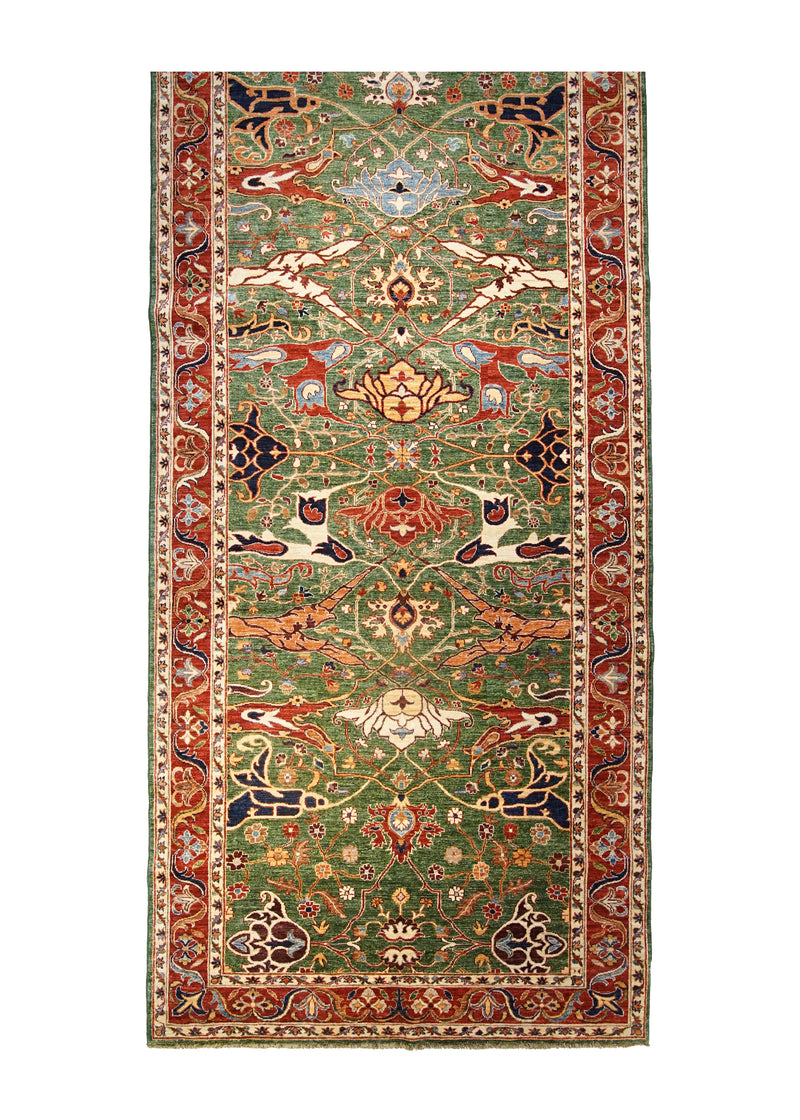 A32076 Oriental Rug Pakistani Handmade Runner Transitional Tribal 5'4'' x 12'8'' -5x13- Green Red Chobi Geometric Serapi Design