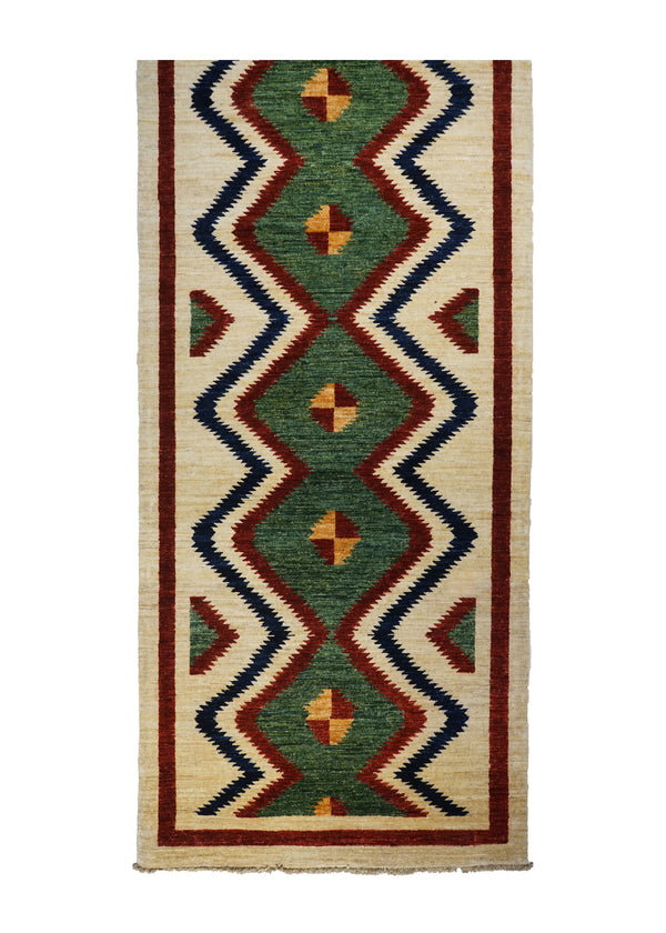 A32078 Oriental Rug Pakistani Handmade Runner Transitional 3'2'' x 9'11'' -3x10- Green Whites Beige Geometric Design