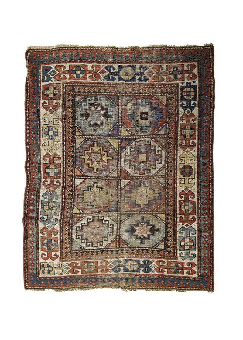 A32084 Caucasian Rug Kazak Handmade Area Tribal Antique 3'9'' x 5'2'' -4x5- Whites Beige Red Moghan Geometric Design