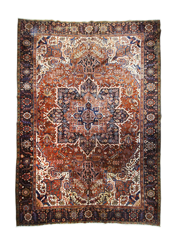 A32088 Persian Rug Heriz Handmade Area Tribal Antique 9'3'' x 13'3'' -9x13- Red Blue Geometric Design