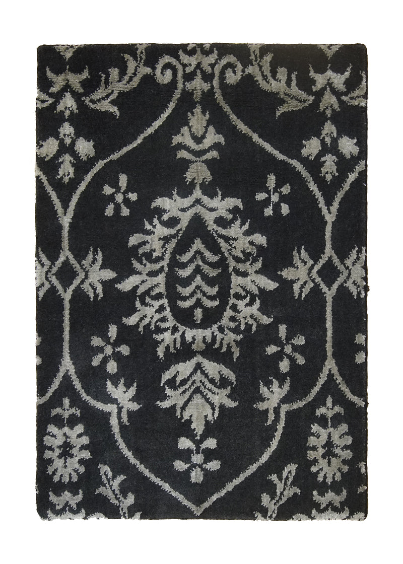 A32094 Oriental Rug Indian Handmade Area Transitional 2'0'' x 3'0'' -2x3- Black Whites Beige Floral Design