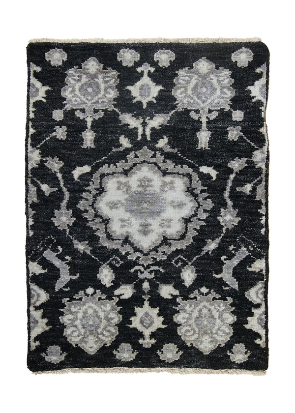 A32095 Oriental Rug Indian Handmade Area Transitional 2'0'' x 3'0'' -2x3- Black Whites Beige Floral Design
