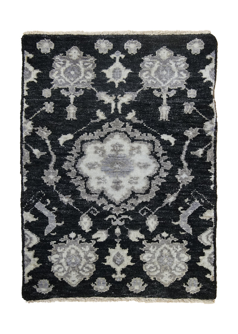 A32095 Oriental Rug Indian Handmade Area Transitional 2'0'' x 3'0'' -2x3- Black Whites Beige Floral Design