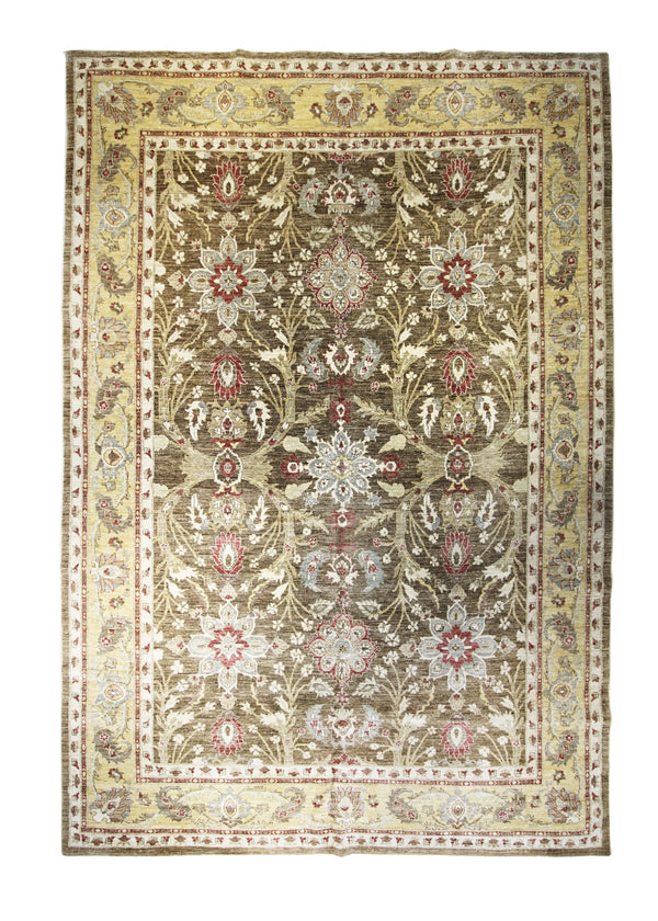 A32119 Oriental Rug Pakistani Handmade Area Transitional 8'10'' x 12'6'' -9x13- Brown Whites Beige Red Antique Washed Oushak Floral Design