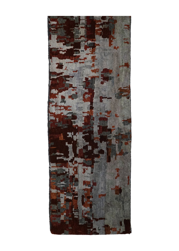 A32125 Oriental Rug Indian Handmade Runner Modern 1'11'' x 11'9'' -2x12- Red Gray Abstract Splatter Design