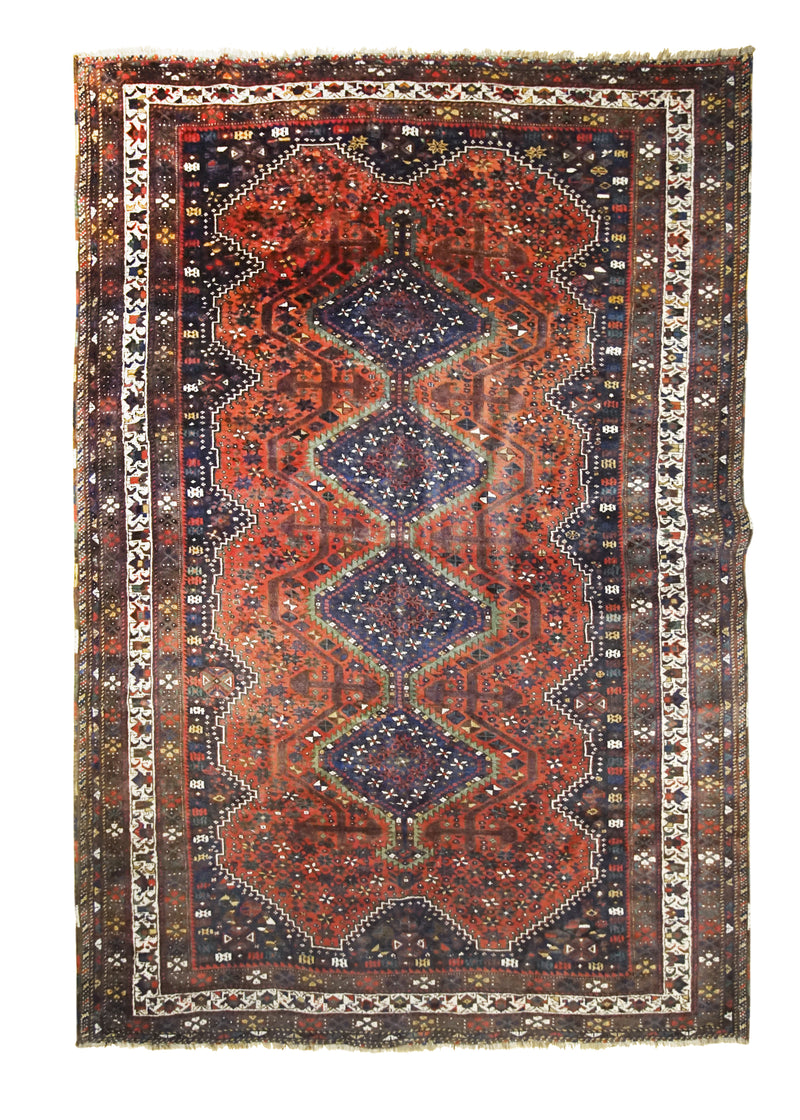 A32131 Persian Rug Shiraz Handmade Area Tribal 6'10'' x 9'11'' -7x10- Red Geometric Design