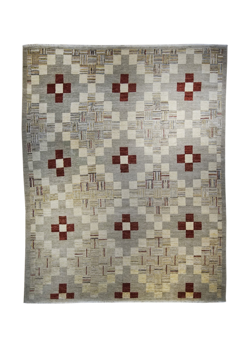 A32138 Oriental Rug Afghan Handmade Area Transitional 8'2'' x 10'0'' -8x10- Gray Red Gabbeh Geometric Design