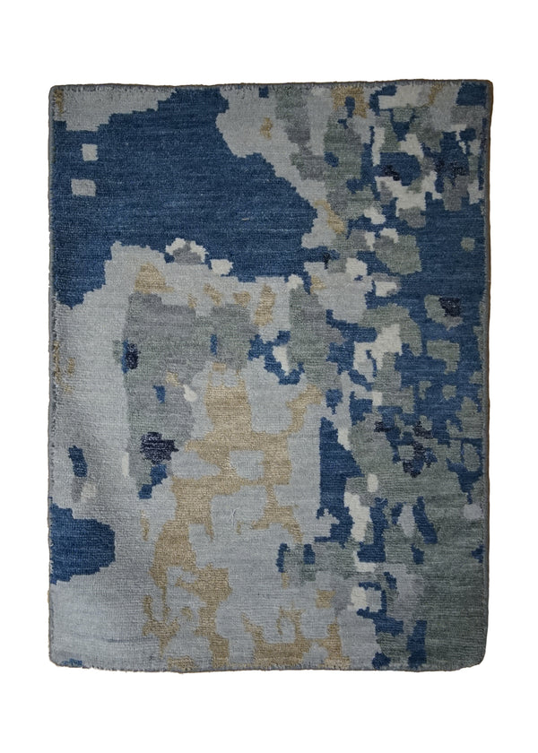 A32150 Oriental Rug Indian Handmade Area Modern 1'9'' x 2'4'' -2x2- Blue Yellow Gold Abstract Splatter Design