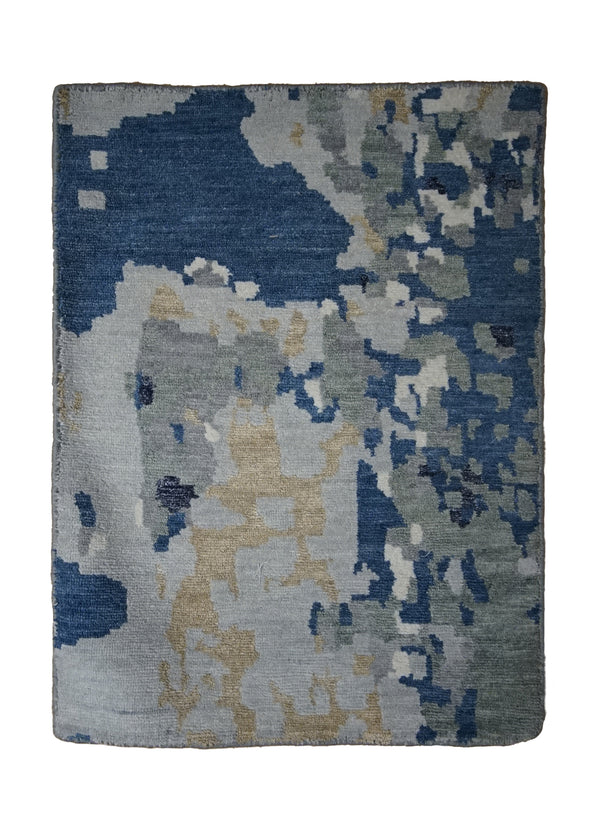 A32151 Oriental Rug Indian Handmade Area Modern 1'9'' x 2'4'' -2x2- Blue Yellow Gold Abstract Splatter Design