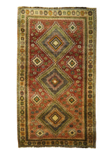 A32157 Persian Rug Shiraz Handmade Area Tribal 4'2'' x 7'1'' -4x7- Red Yellow Gold Geometric Design