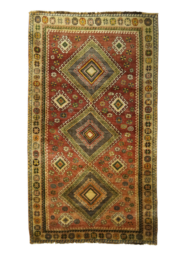A32157 Persian Rug Shiraz Handmade Area Tribal 4'2'' x 7'1'' -4x7- Red Yellow Gold Geometric Design