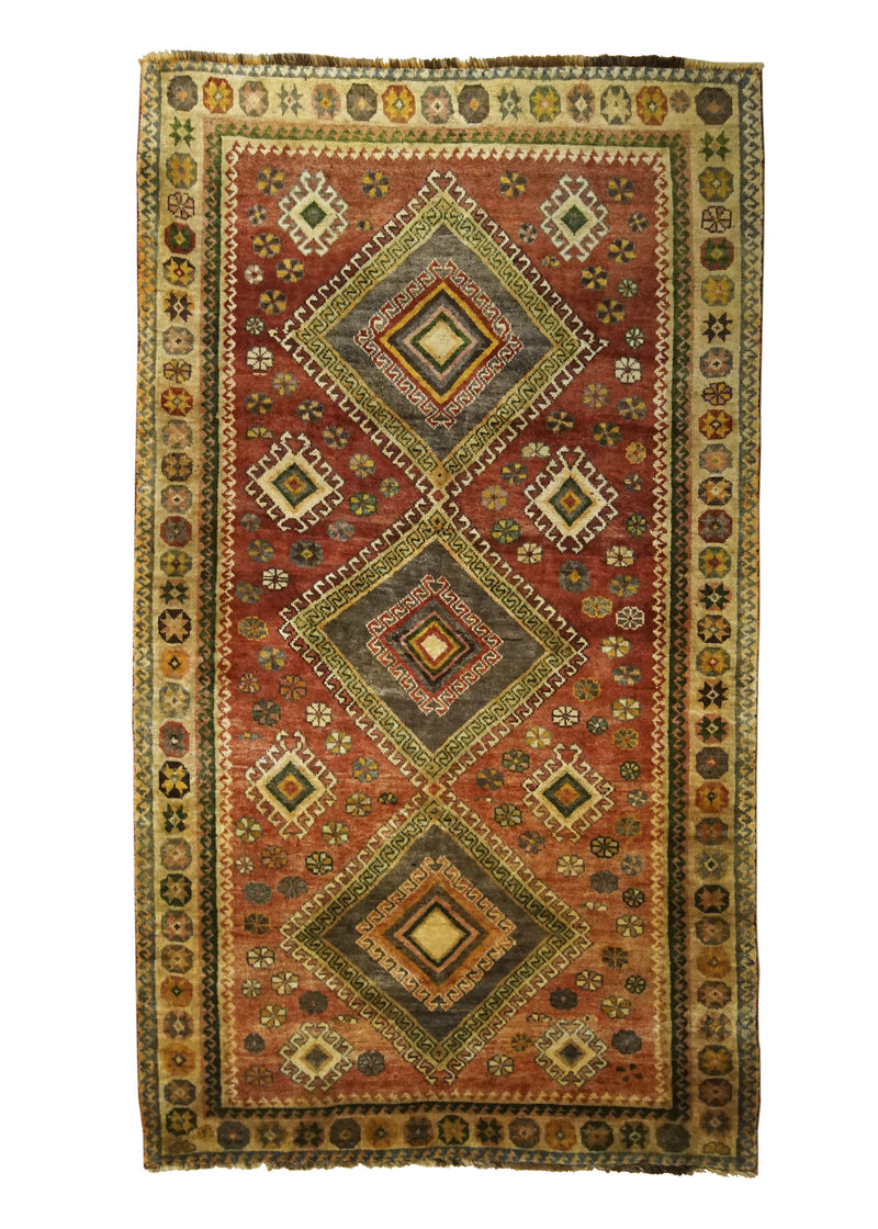 A32157 Persian Rug Shiraz Handmade Area Tribal 4'2'' x 7'1'' -4x7- Red Yellow Gold Geometric Design