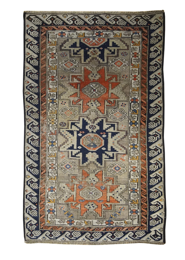 A32161 Persian Rug Kurdistan Handmade Area Tribal Antique 3'6'' x 5'11'' -4x6- Whites Beige Blue Orange Geometric Design
