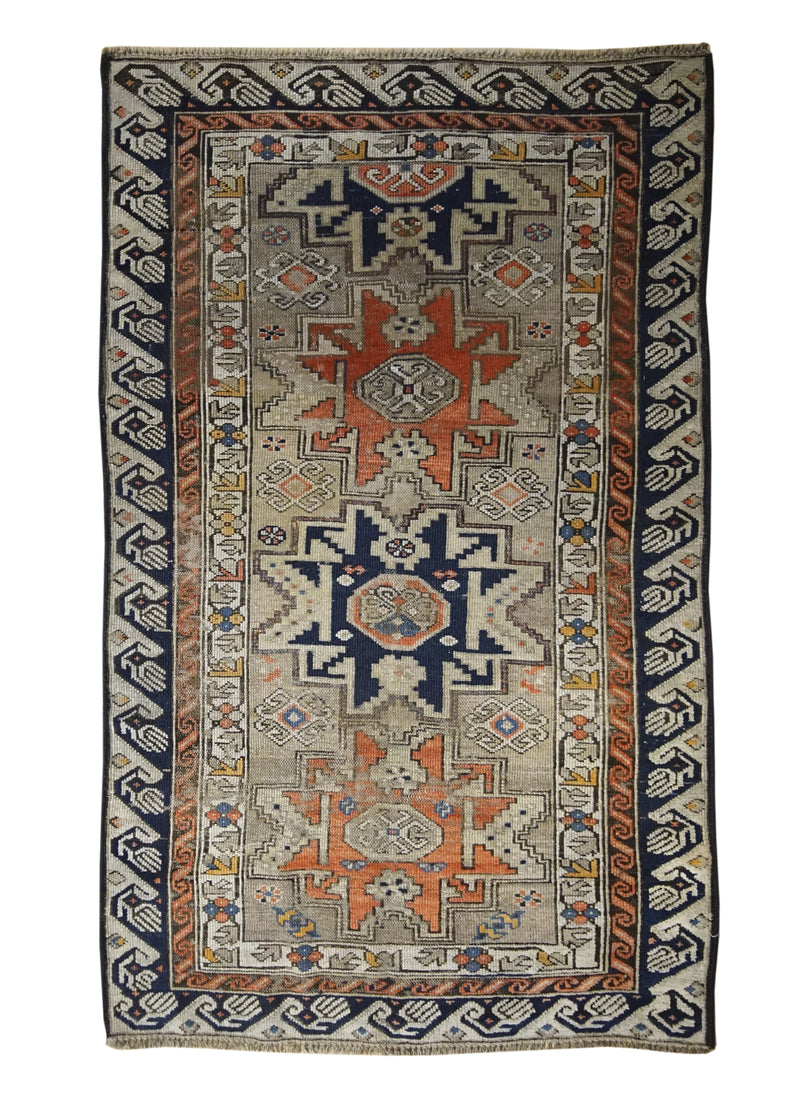 A32161 Persian Rug Kurdistan Handmade Area Tribal Antique 3'6'' x 5'11'' -4x6- Whites Beige Blue Orange Geometric Design