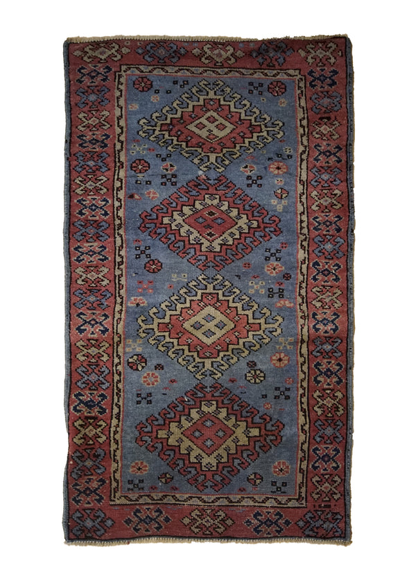 A32162 Oriental Rug Turkish Handmade Area Tribal 2'4'' x 3'10'' -2x4- Blue Red Geometric Design