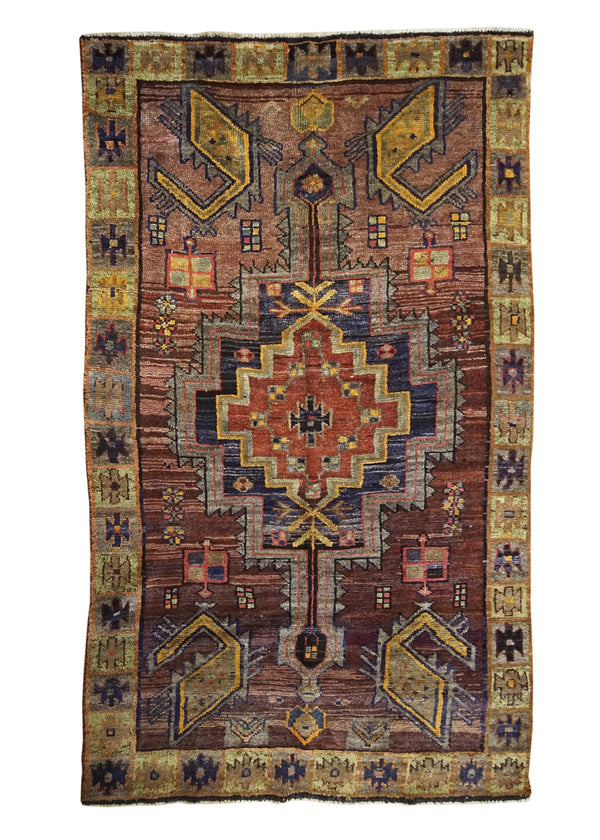 A32166 Oriental Rug Turkish Handmade Area Tribal Antique 4'4'' x 7'6'' -4x8- Red Yellow Gold Geometric Design