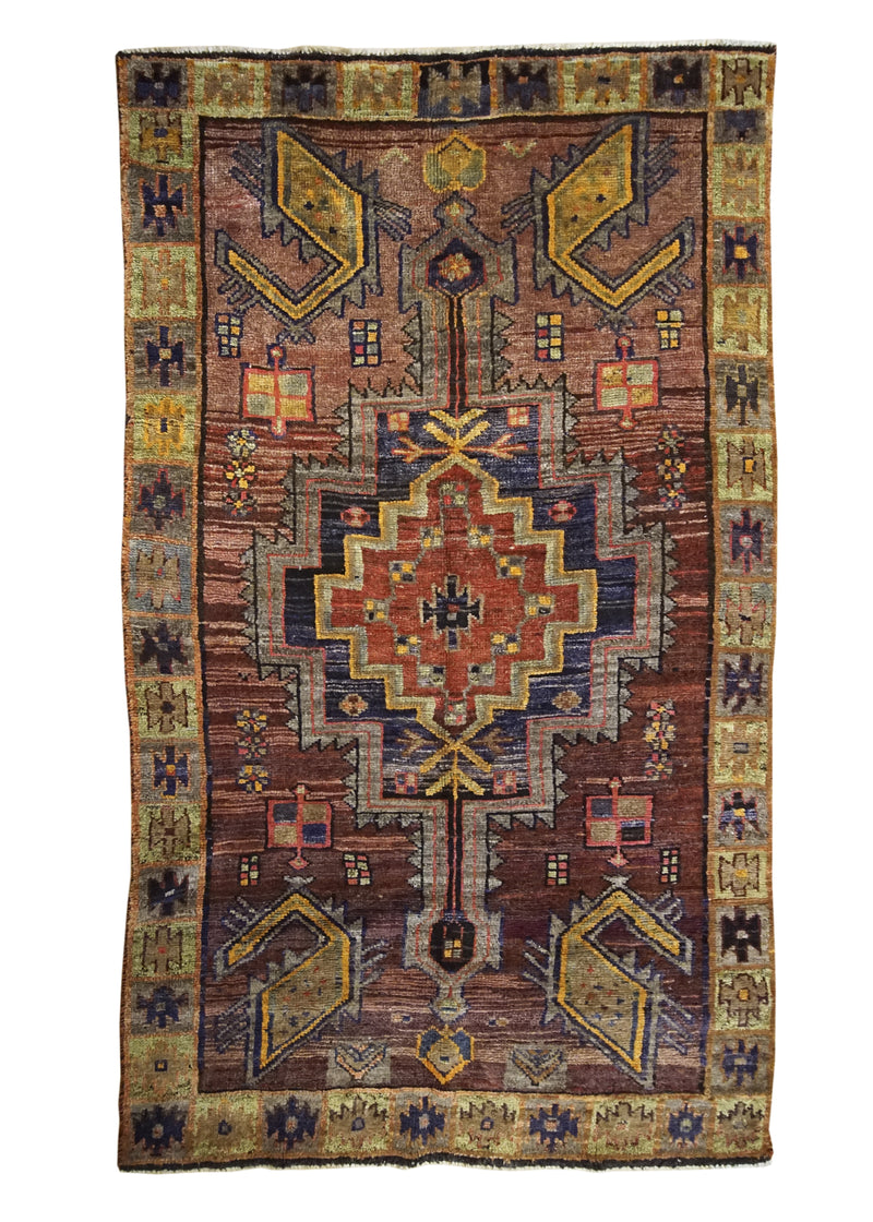 A32166 Oriental Rug Turkish Handmade Area Tribal Antique 4'4'' x 7'6'' -4x8- Red Yellow Gold Geometric Design