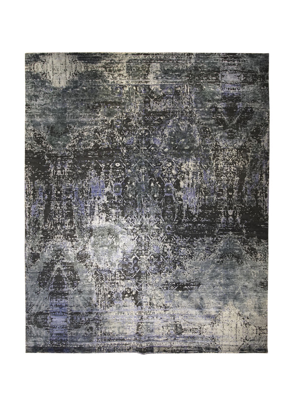 A32256 Oriental Rug Indian Handmade Area Modern 12'1'' x 15'1'' -12x15- Green Gray Purple Abstract Erased Design