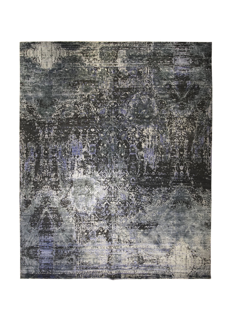 A32256 Oriental Rug Indian Handmade Area Modern 12'1'' x 15'1'' -12x15- Green Gray Purple Abstract Erased Design