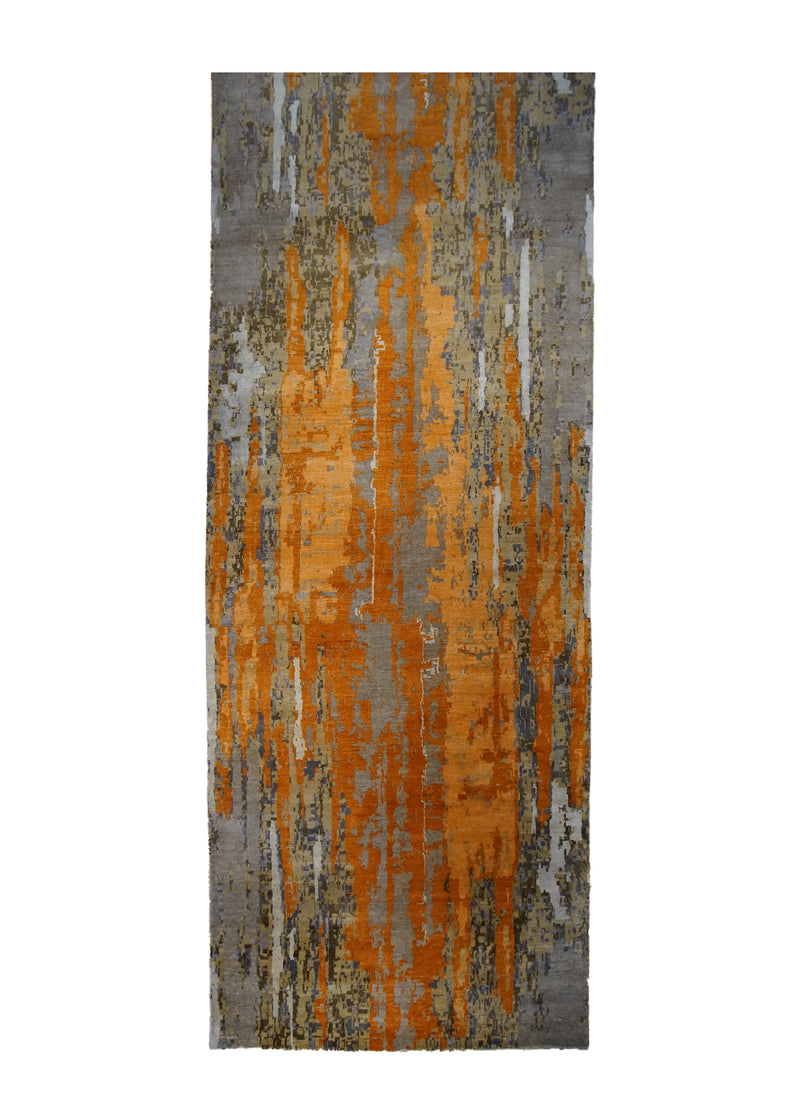 A32259 Oriental Rug Indian Handmade Runner Modern 4'1'' x 17'11'' -4x18- Orange Gray Abstract Splatter Design
