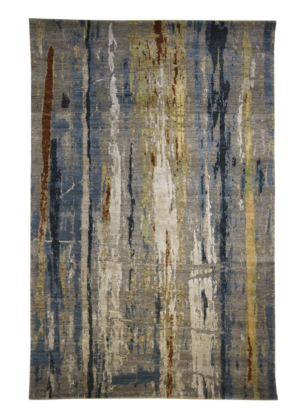 A32261 Oriental Rug Indian Handmade Area Modern 4'0'' x 6'2'' -4x6- Whites Beige Gray Blue Abstract Splatter Design