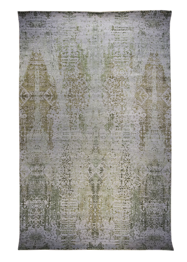 A32265 Oriental Rug Indian Handmade Area Modern 5'12'' x 9'3'' -6x9- Green Whites Beige Geometric Erased Abstract Design