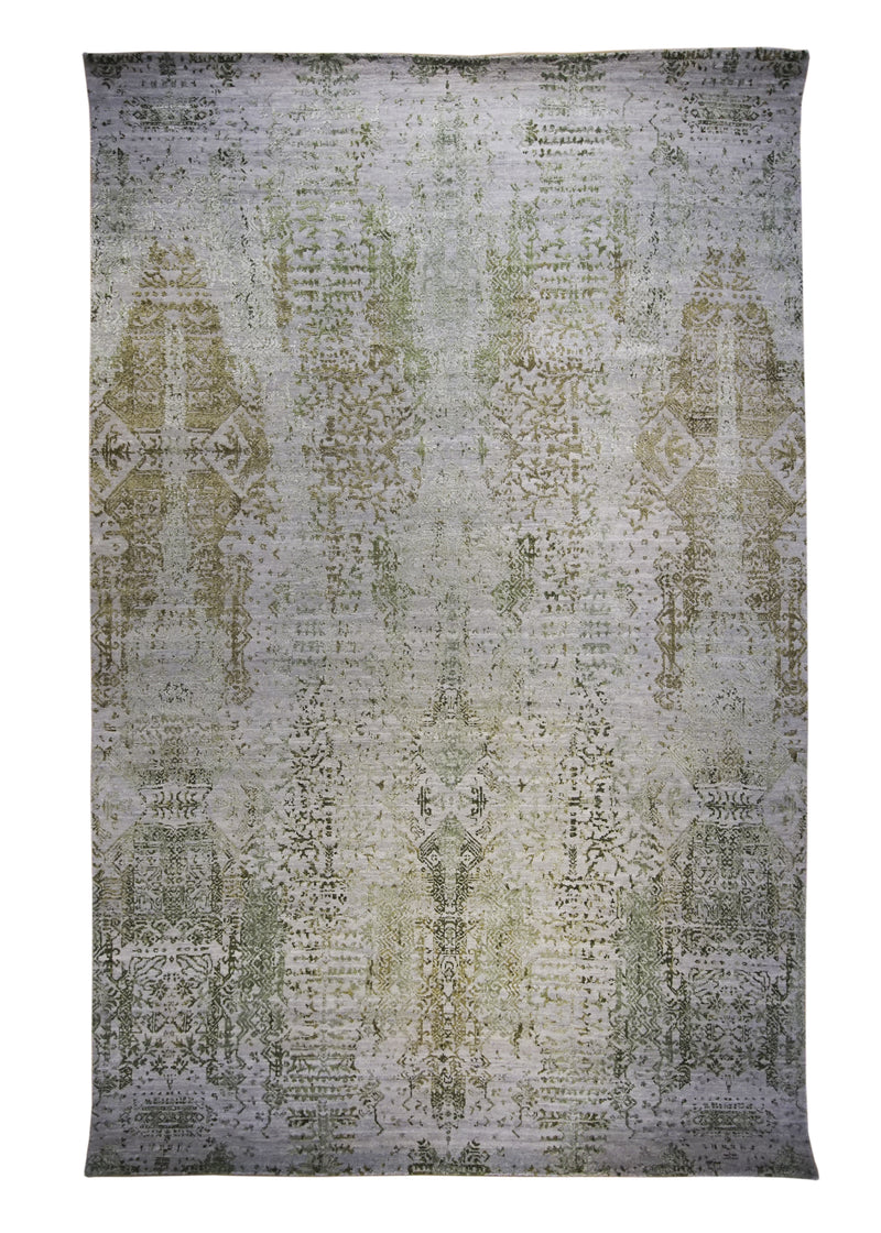 A32265 Oriental Rug Indian Handmade Area Modern 5'12'' x 9'3'' -6x9- Green Whites Beige Geometric Erased Abstract Design